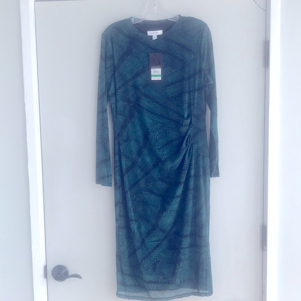 Nine West Teal Blue Long-Sleeve Printed Midi Dress
